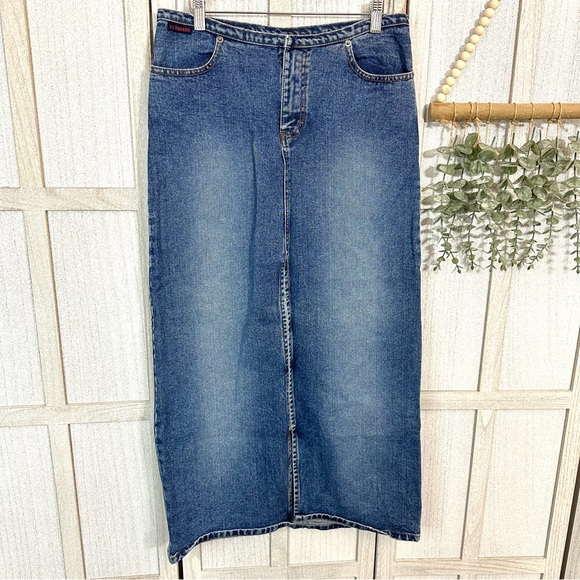 Vintage US POLO ASSN Jean Long Maxi Skirt Womens 7/8 Y2K 90’s Denim Front Slit - Picture 3 of 11
